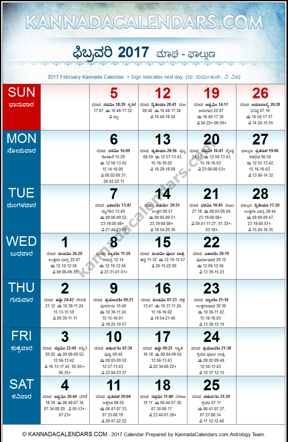 February 2017 Kannada Calendar
