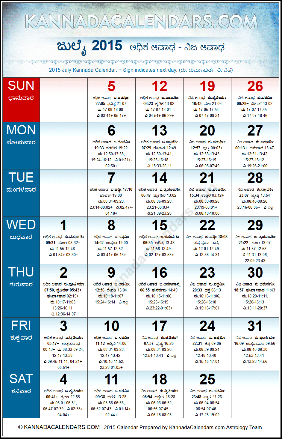 July 2015 Kannada Calendar