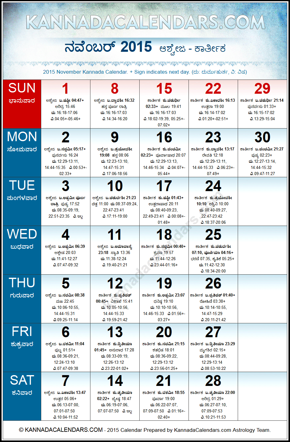 November 2015 Kannada Calendar