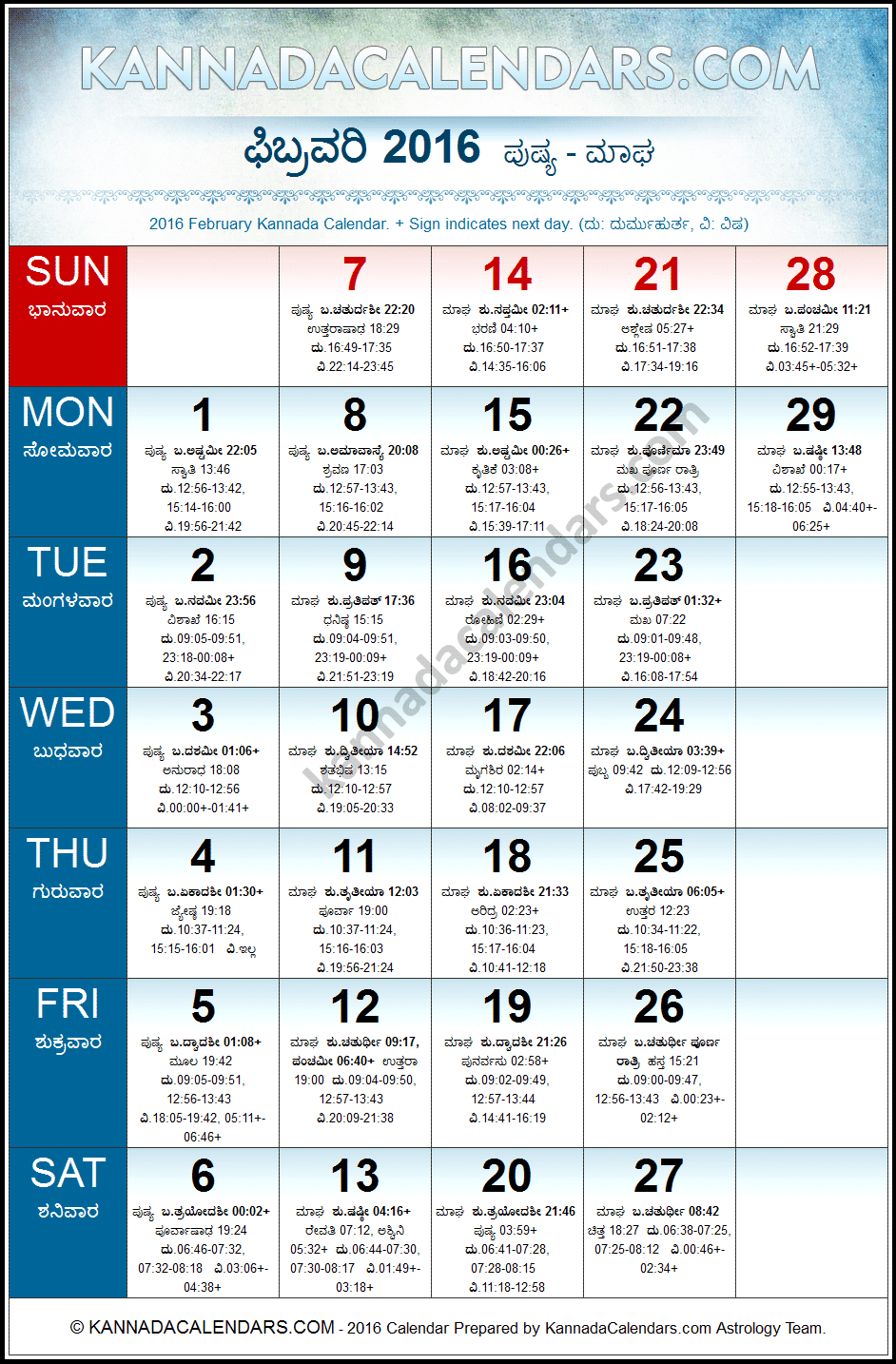 February 2016 Kannada Calendar | Manmatha Nama Samvatsaram Calendar