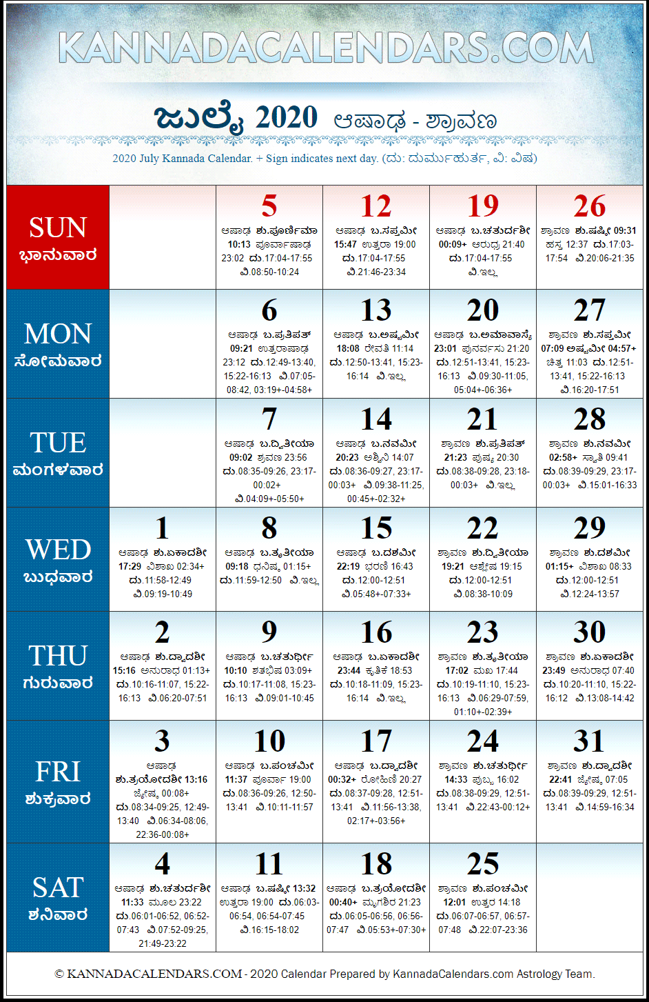 July 2020 Kannada Calendar