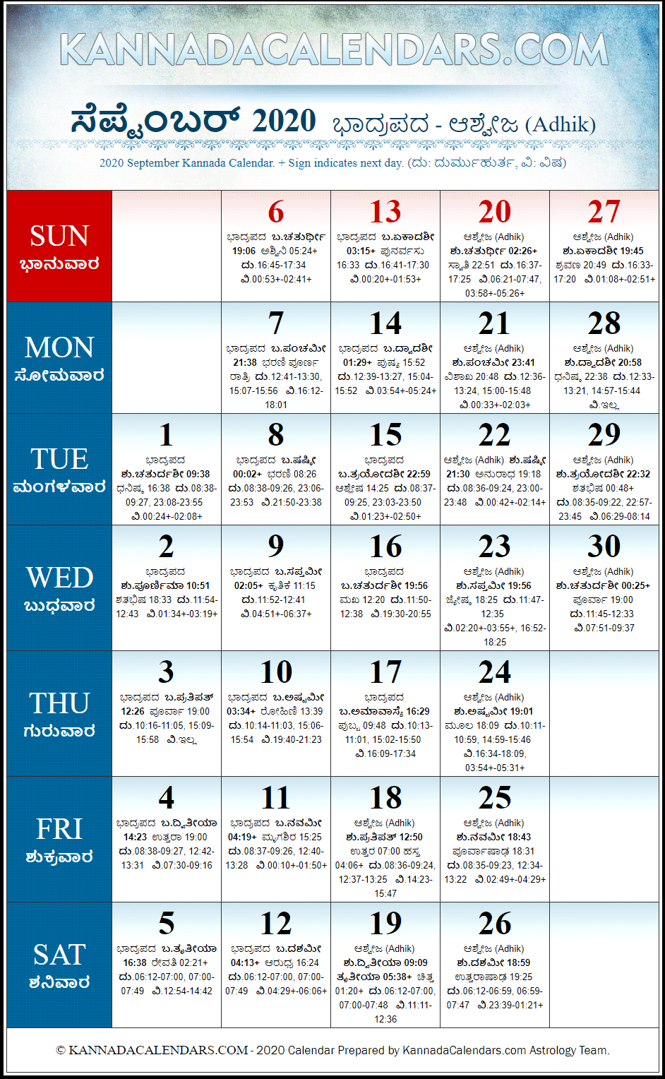 September 2020 Kannada Calendar