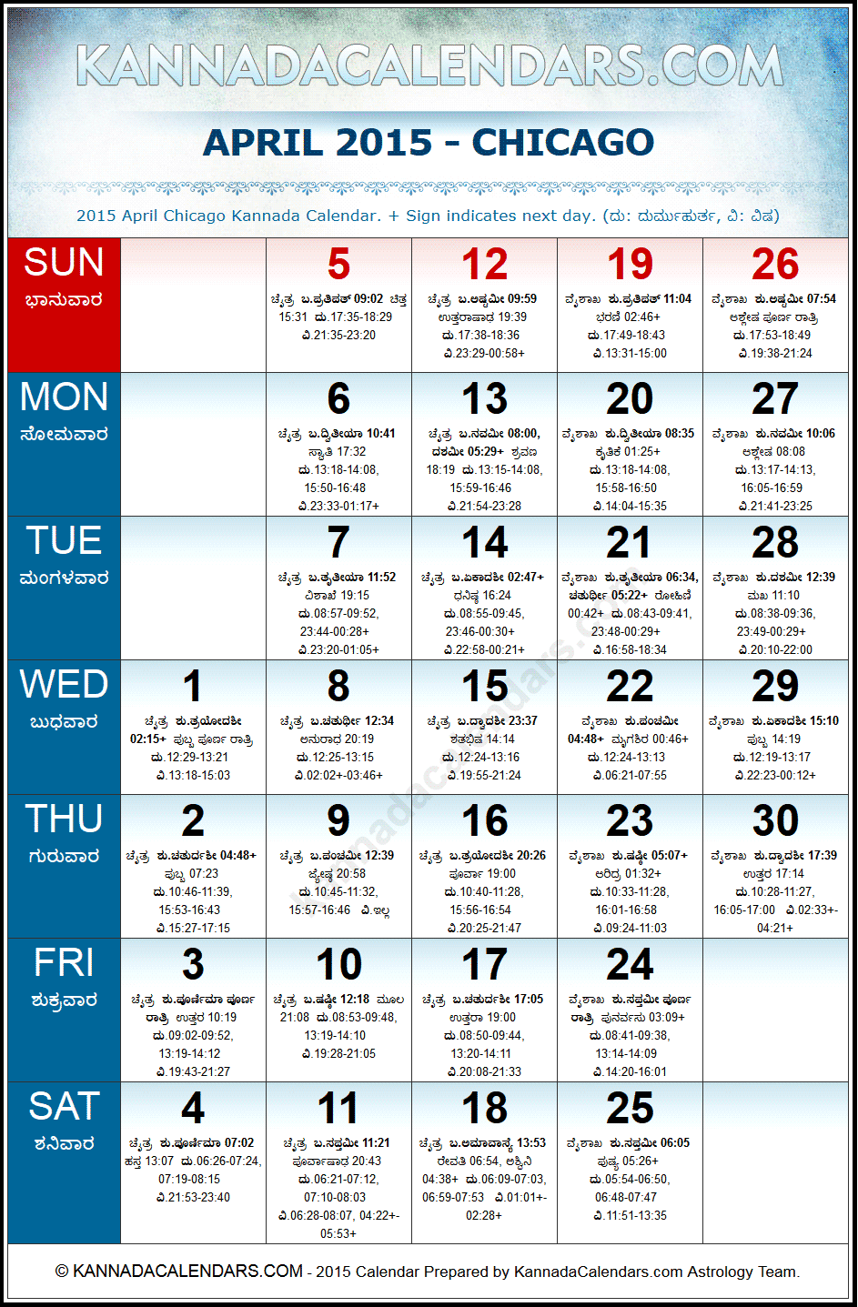 April 2015 Kannada Calendar for Chicago, USA