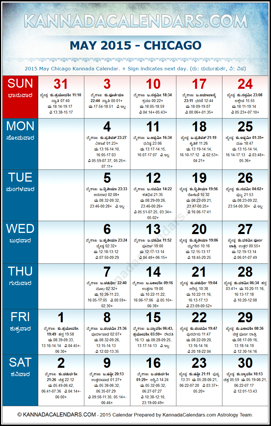 May 2015 Kannada Calendar for Chicago, USA