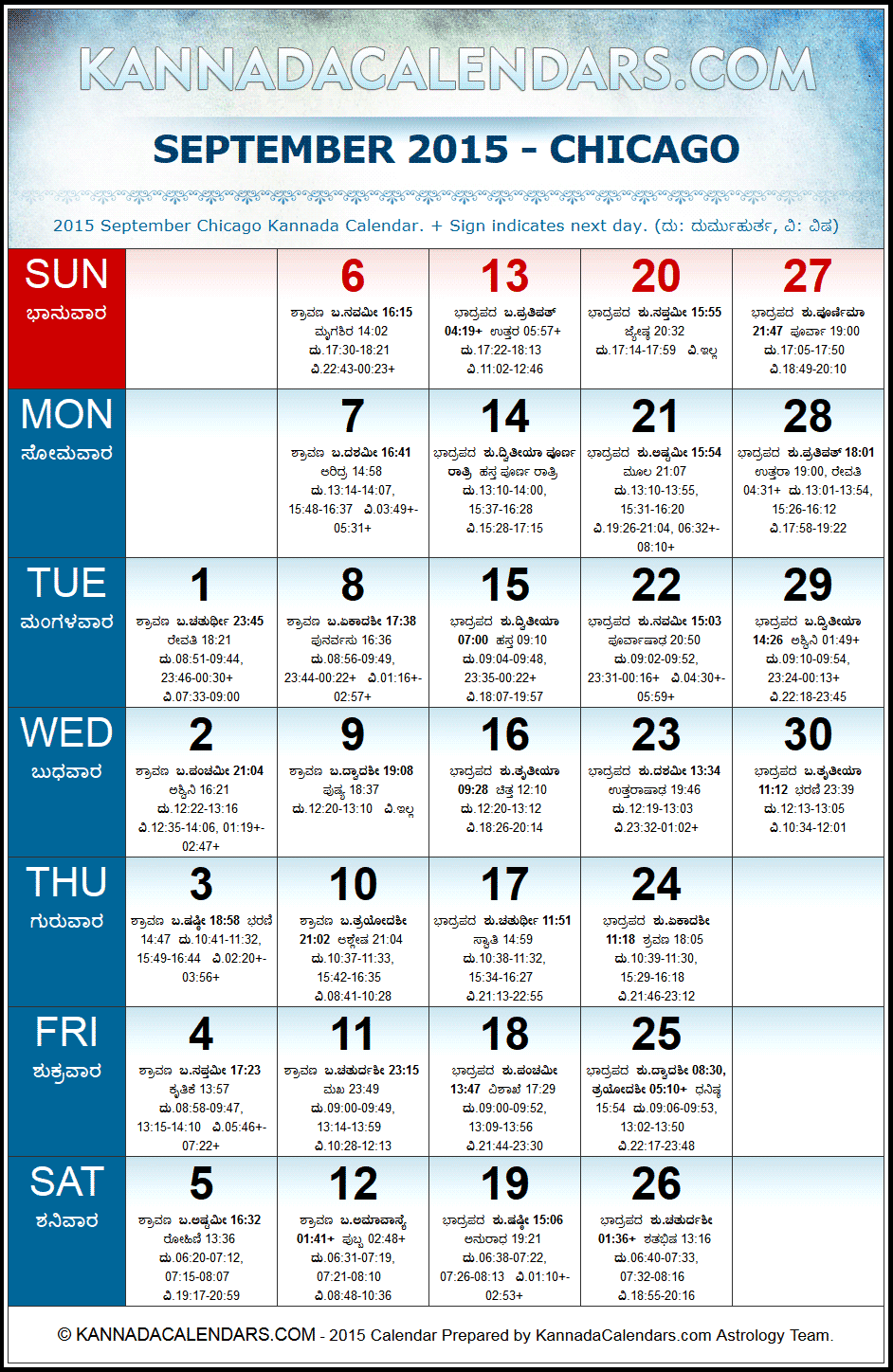 September 2015 Kannada Calendar for Chicago, USA