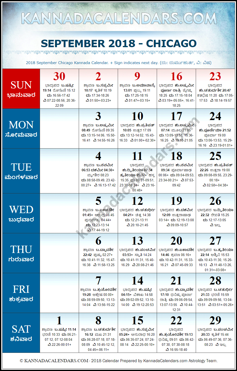September 2018 Kannada Calendar for Chicago, USA
