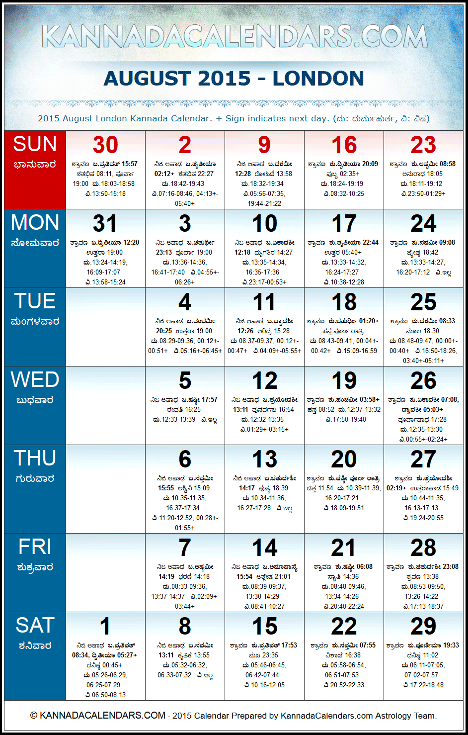 August 2015 Kannada Calendar for London, UK