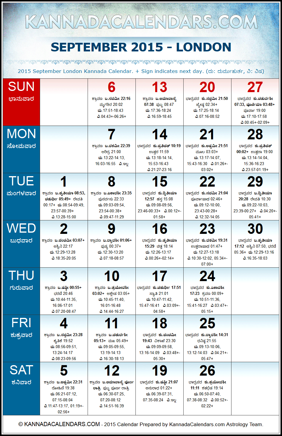 September 2015 Kannada Calendar for London, UK