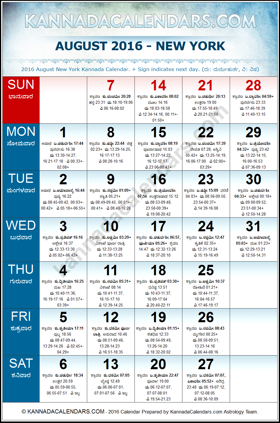 August 2016 Kannada Calendar for New York, USA