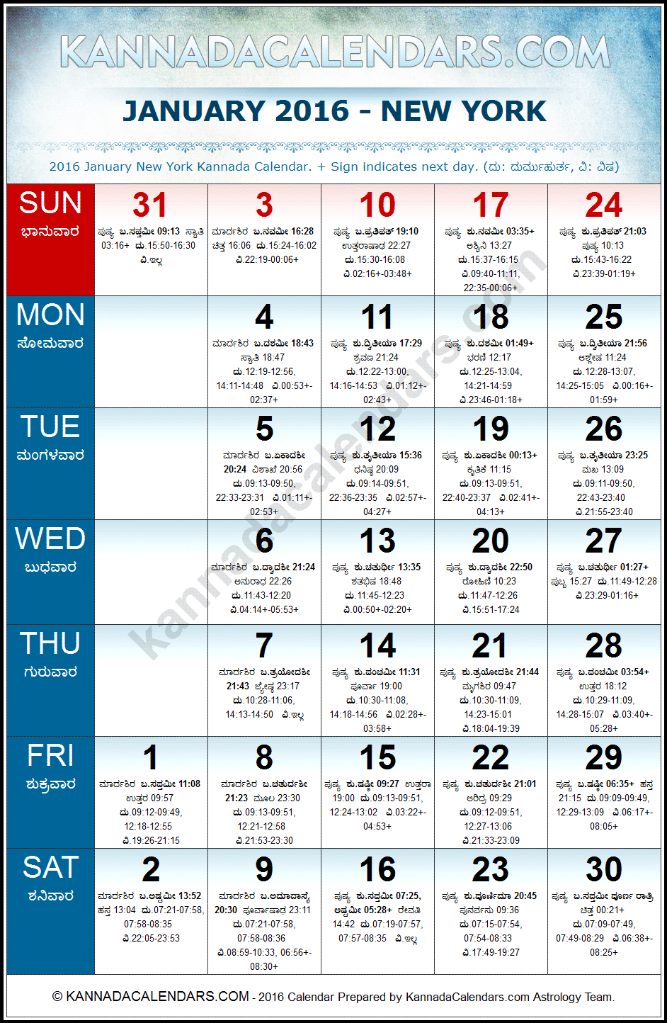 January 2016 Kannada Calendar for New York, USA
