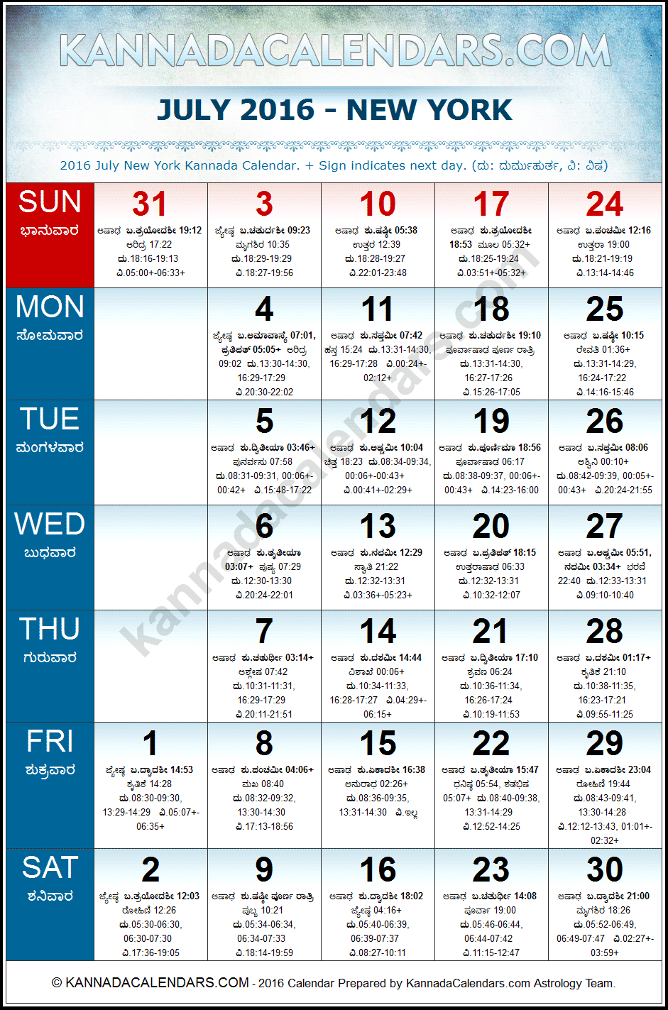 July 2016 Kannada Calendar for New York, USA