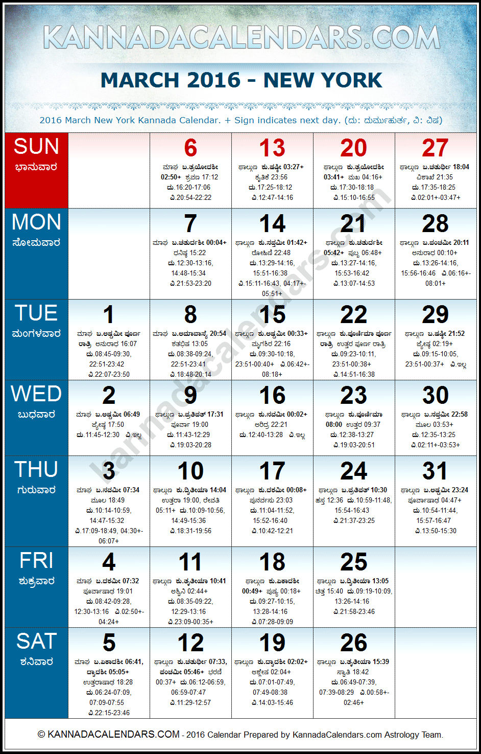 March 2016 Kannada Calendar for New York, USA