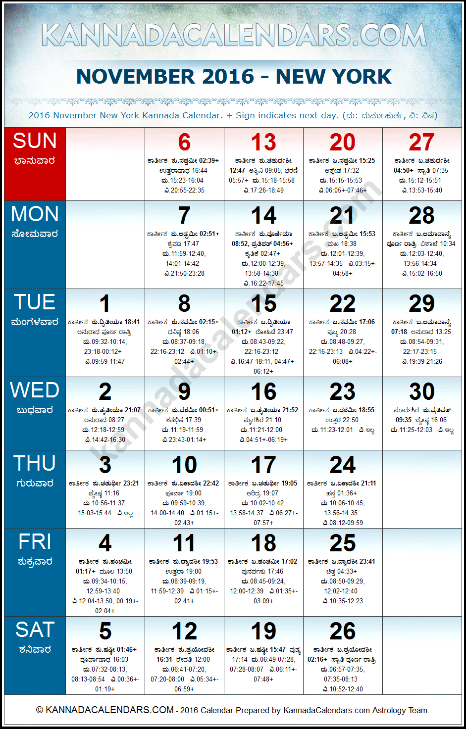 November 2016 Kannada Calendar for New York, USA