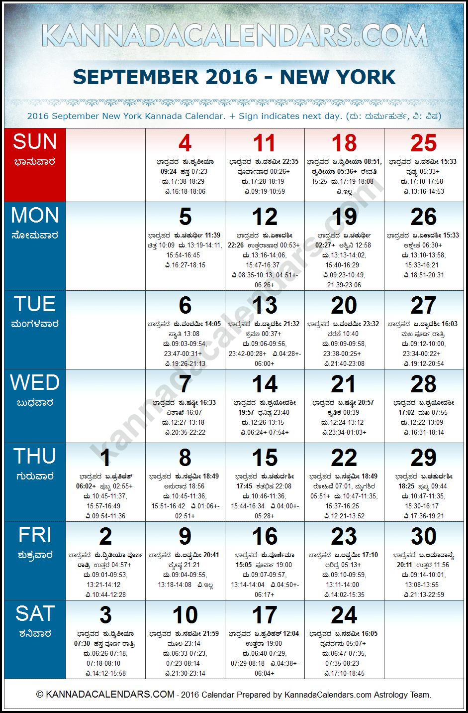September 2016 Kannada Calendar for New York, USA