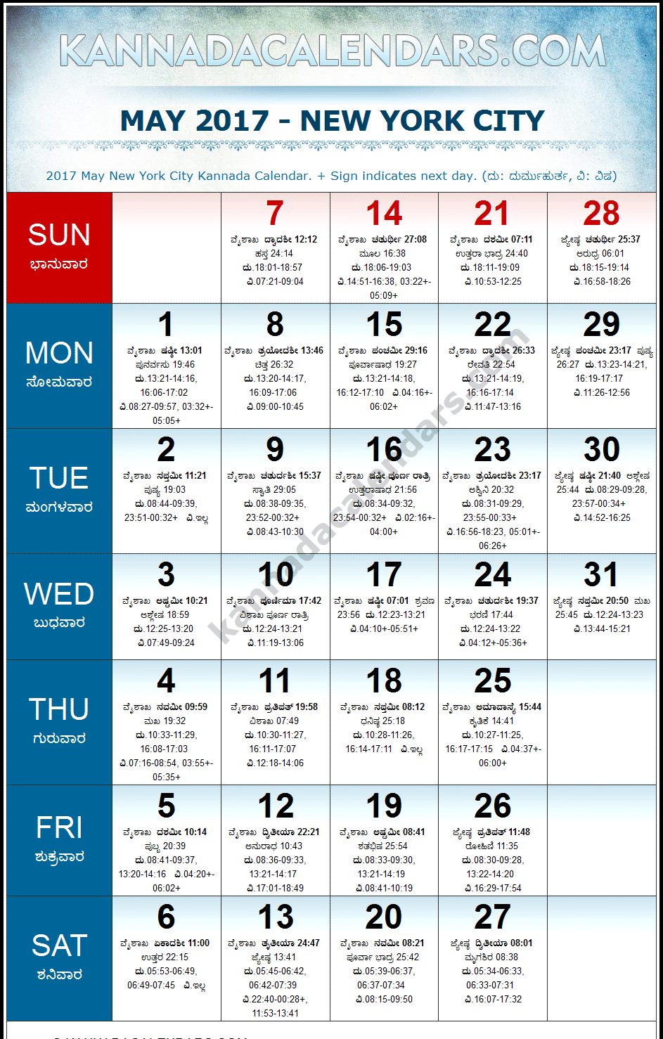 May 2017 Kannada Calendar for New York, USA